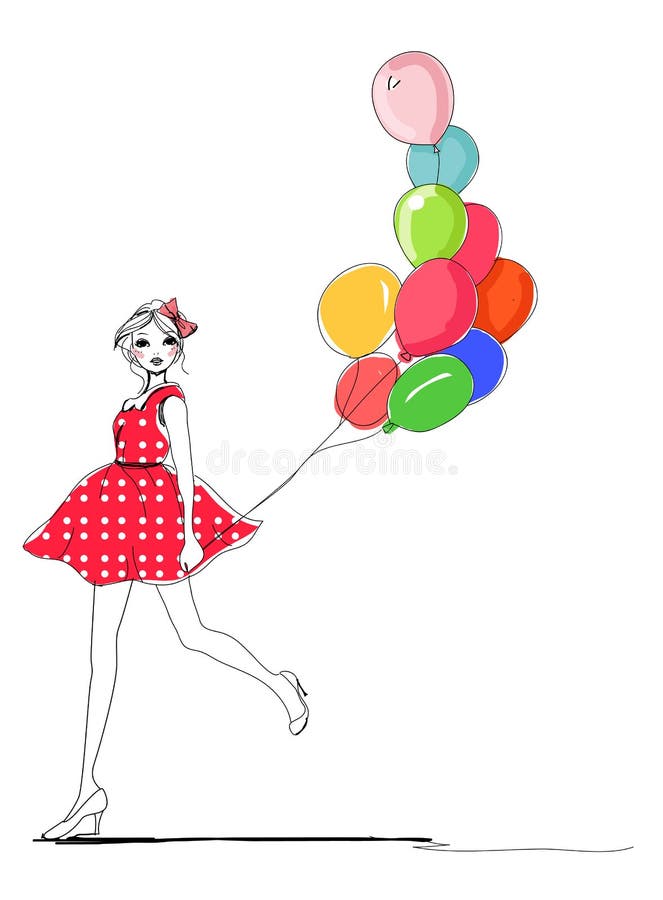 Pretty Sketch Girl with Balloons Stock Vector Illustration of cute