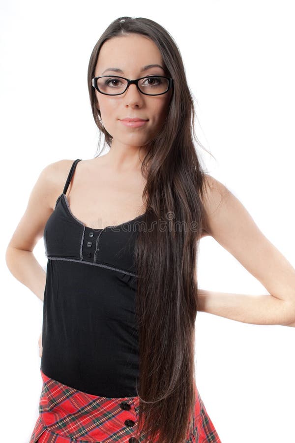 Pretty slim schoolgirl with long hair isolated