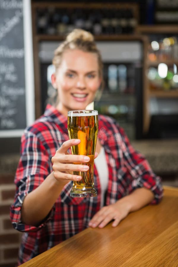 Pretty Smiling Woman Having a Beer Stock Photo Image of glass