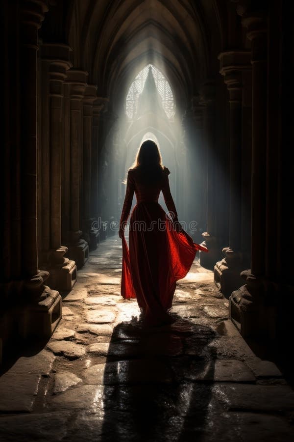 pretty sorceress woman walking down a castle corridor isle. tall stone columns on both sides. long red dress.