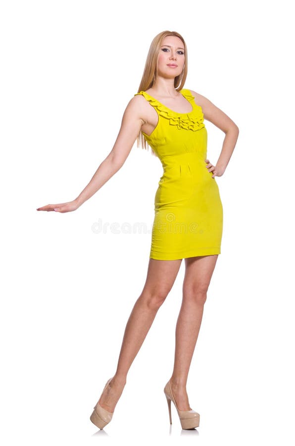 Pretty Tall Woman in Short Yellow Dress Isolated Stock Photo - Image of ...