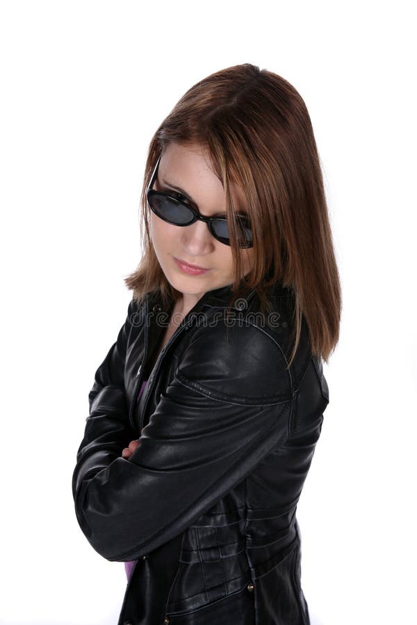 Pretty teen in leather jacket and sunglasses