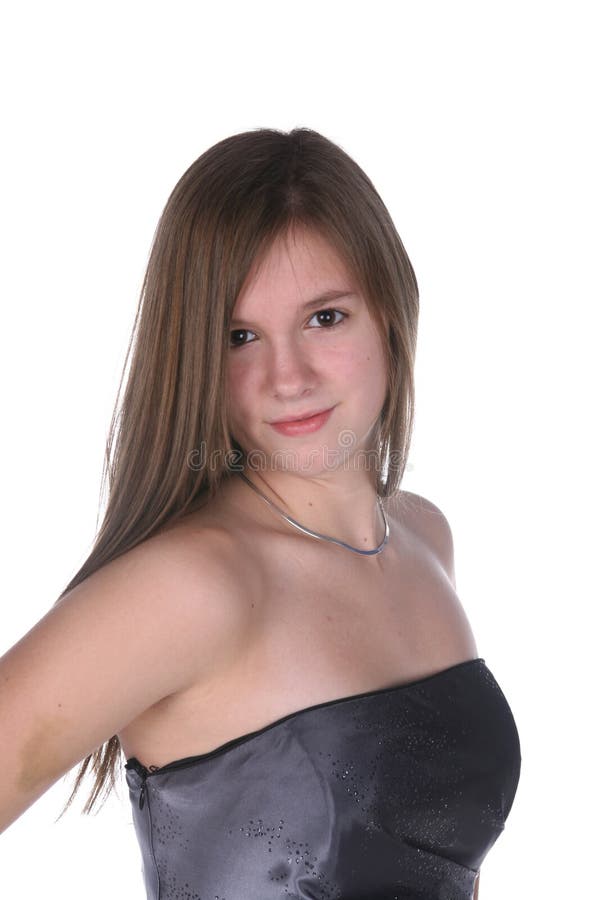 Pretty teenage girl in silver strapless gown