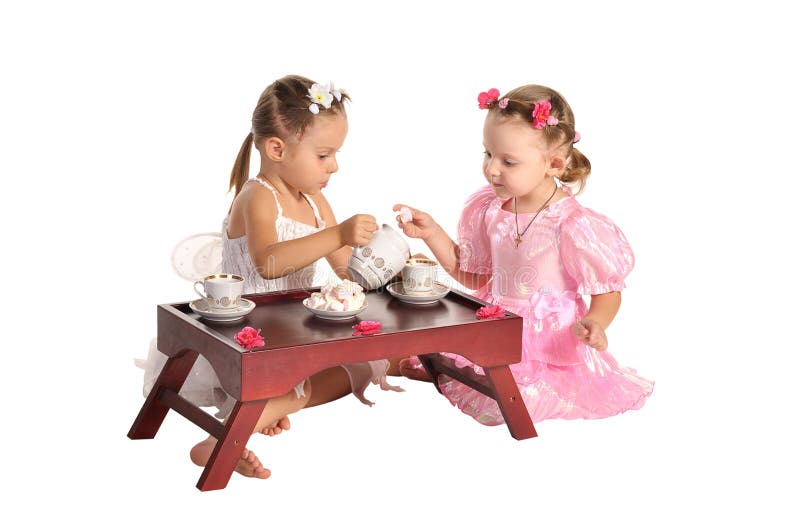 Pretty twins sisters have tea isolated