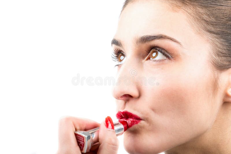 Pretty Woman Applying Lip Gloss Make Up Stock Photo Image of copy