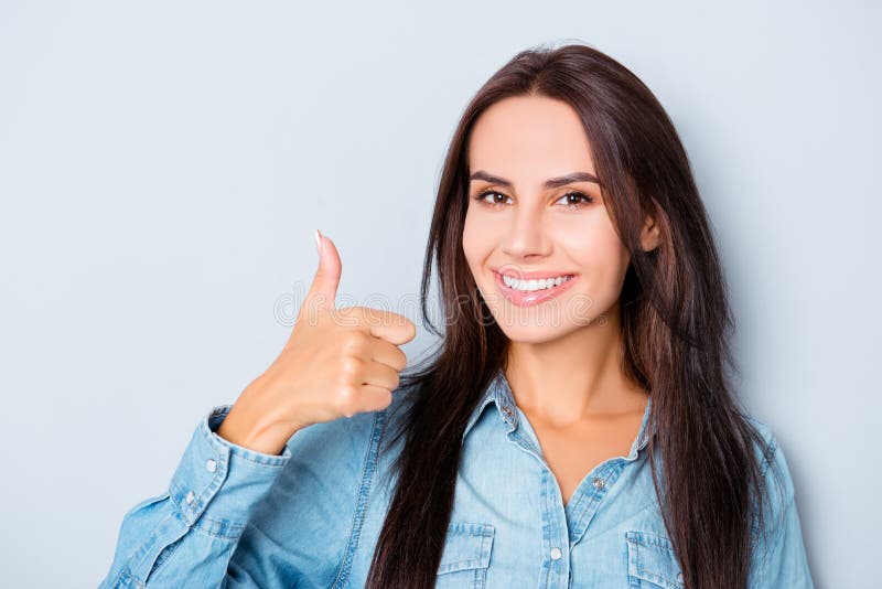 Pretty Woman With Beaming Smile Showing Thumb Up Stock Photo Image Of