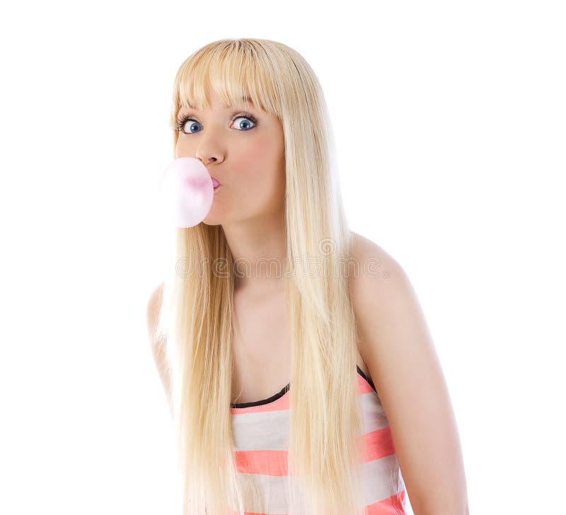 Pretty woman blowing bubble with bubble gum stock image Pretty woman blowing bubble with bubble gum stock image