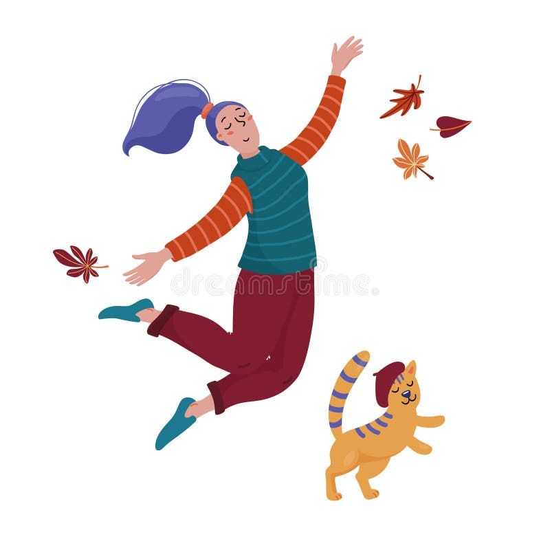 Pretty woman and cat in beret hat jump happily vector illustration Pretty woman and cat in beret hat jump happily vector illustration