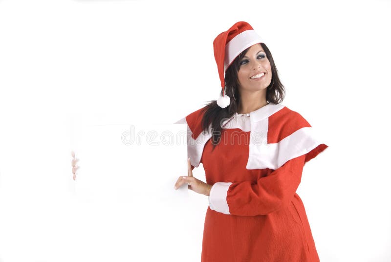 Pretty woman at Christmas holding a sign