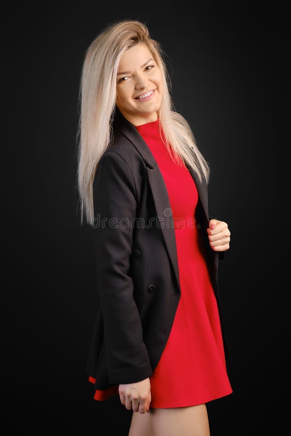 red dress with black blazer
