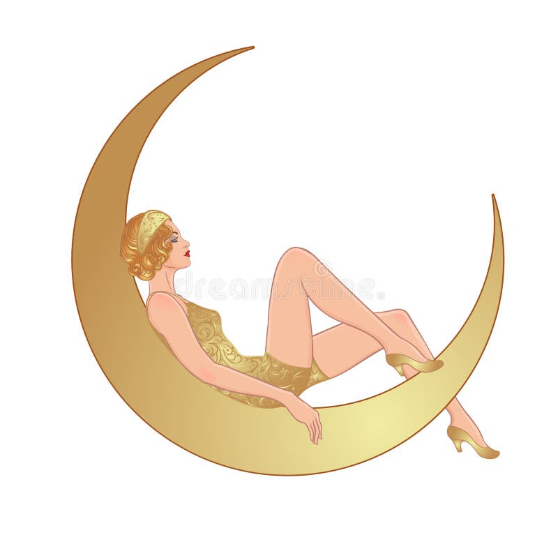 Pretty woman sitting on vintage paper crescent moon. Flapper girl. Retro party invitation design. Vector illustration
