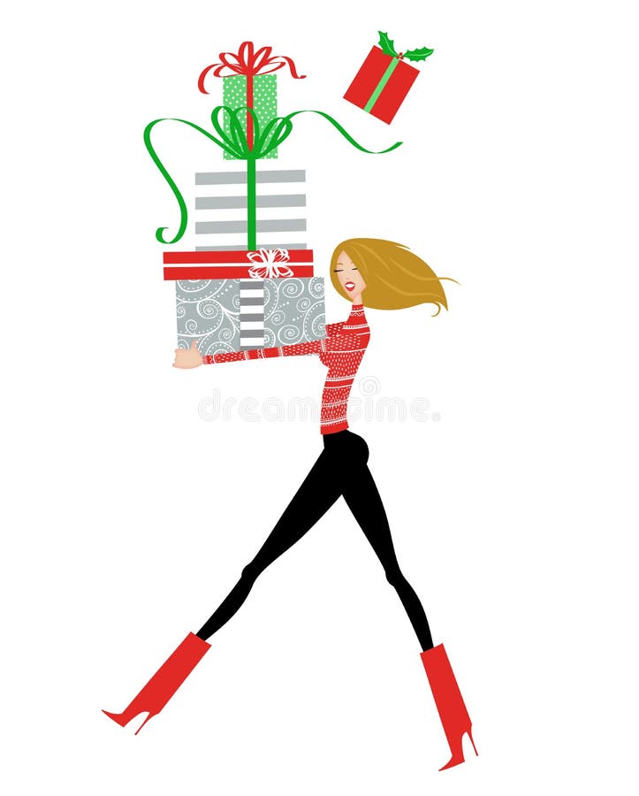 Pretty Young Woman With an Armload of Christmas Presents stock illustration