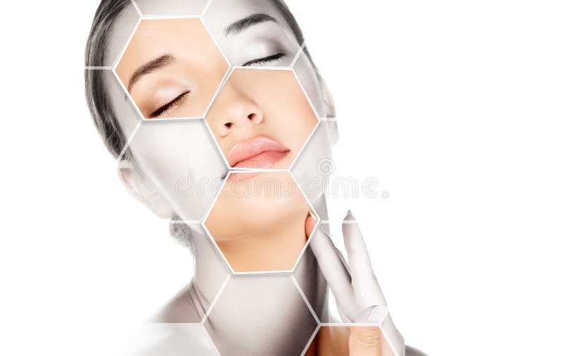 Pretty woman is touching her face, skin treatment