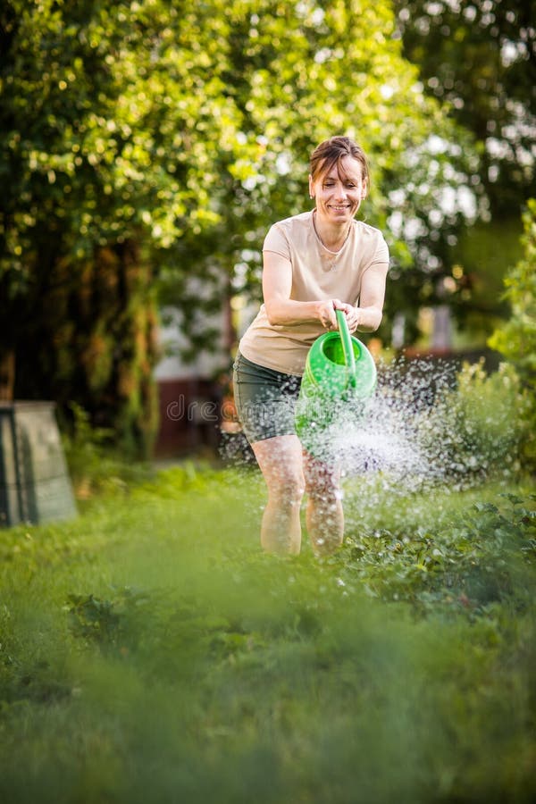 Pretty,woman Watering Plants and Flowers in the Garden Stock Image ...