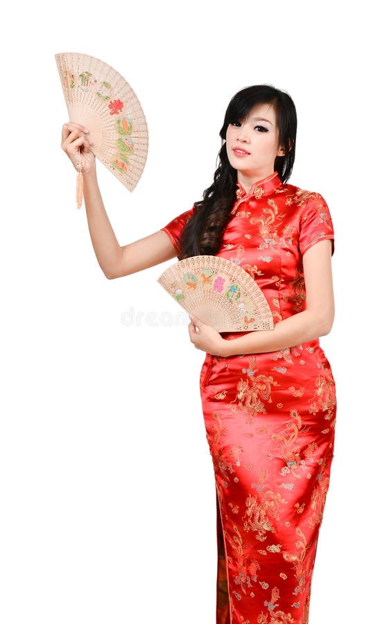 Pretty women with Chinese traditional dress Cheongsam and hole C