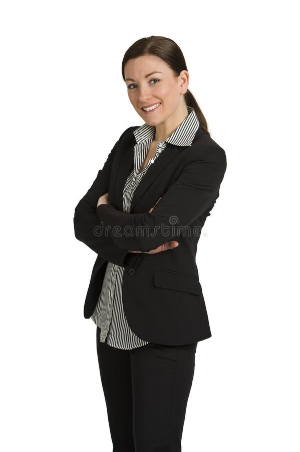 Pretty young business woman laughing on white