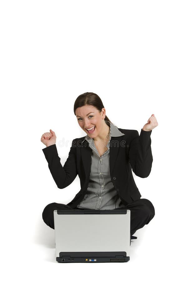 Pretty young businesswoman with a laptop on white