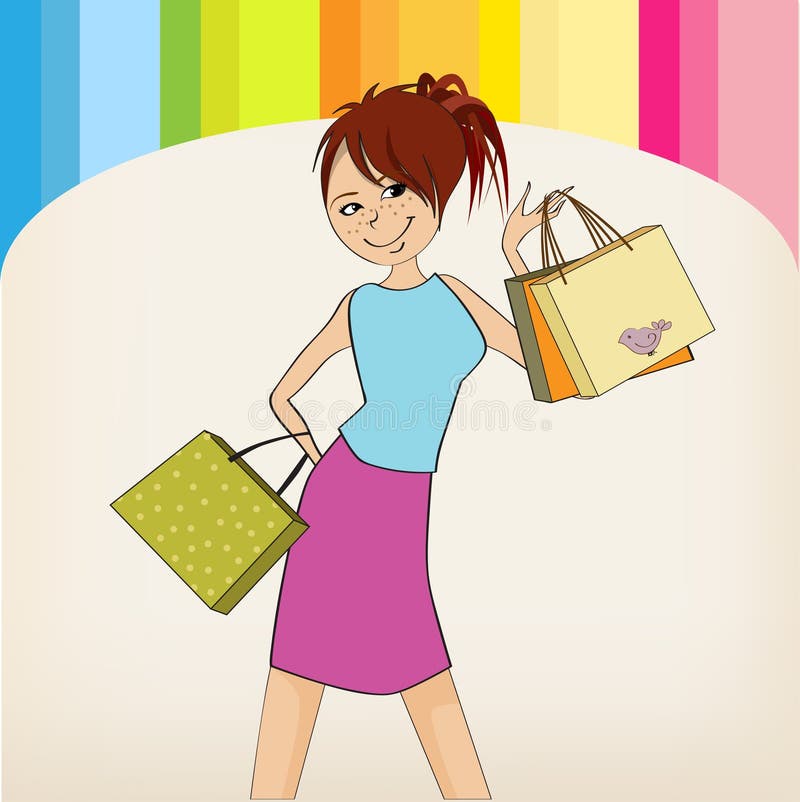 Pretty Young Girl with Gift Bags Stock Vector - Illustration of ...