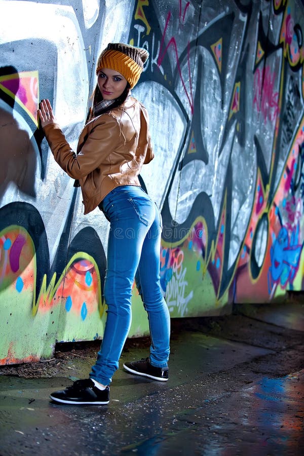 Pretty Young Girl and Graffiti Stock Image - Image of charming ...