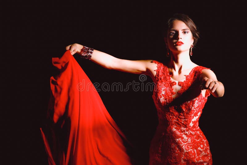 Pretty Young Model Female with Dark Hair in Amazing Long Red Dress ...