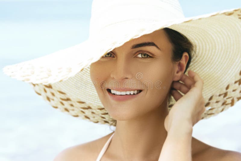 Pretty and Young Woman in Beach Hat Stock Photo Image of ocean, laugh