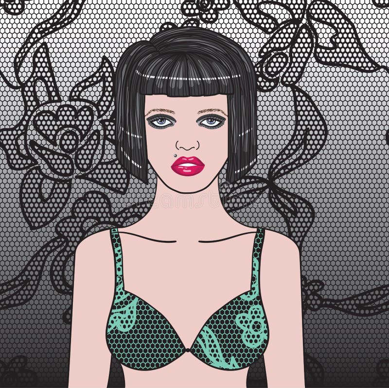 Pretty young woman with beautiful dark hair stock illustration