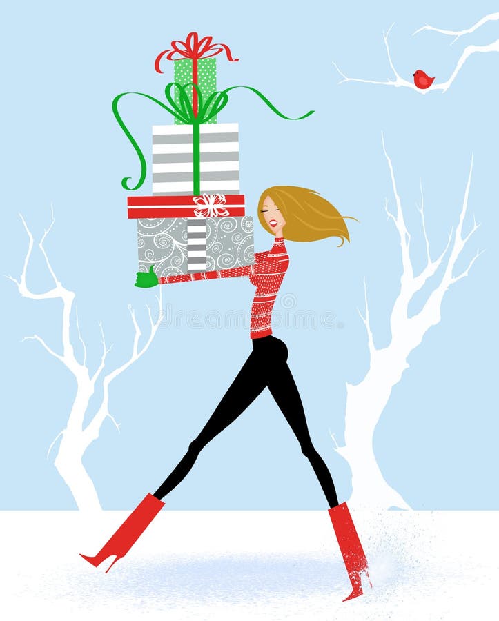 Pretty Young Woman Carrying Christmas Presents in the Snow stock illustration
