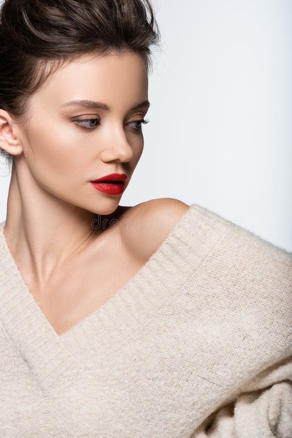 Pretty Young Woman In Cozy Sweater Stock Photo Image Of Lipstick