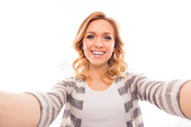Pretty Young Woman Making Selfie on White Background Stock Photo