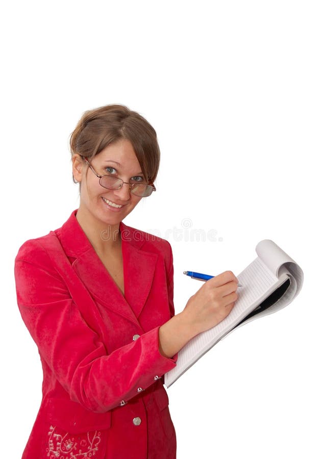 Pretty young woman in red with notebook