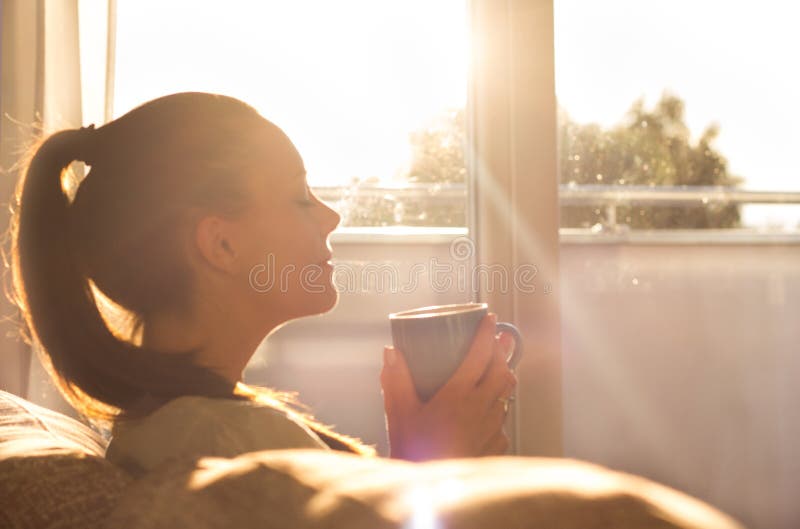 Girl Enjoying Morning Coffee in Living Room Stock Image - Image of people,  caucasian: 124970871