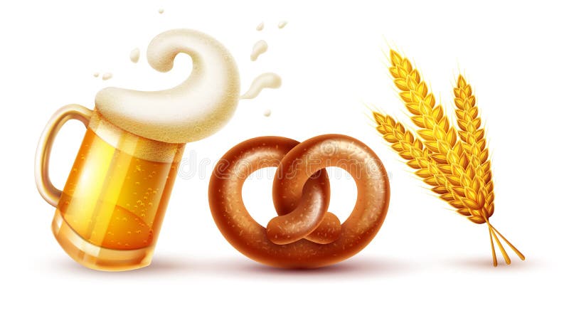 Octoberfest festival symbols. Full glass of beer with foam, pretzel loaf and wheat ears, isolated on white background gradient mesh used. Eps10 vector illustration. Octoberfest festival symbols. Full glass of beer with foam, pretzel loaf and wheat ears, isolated on white background gradient mesh used. Eps10 vector illustration.