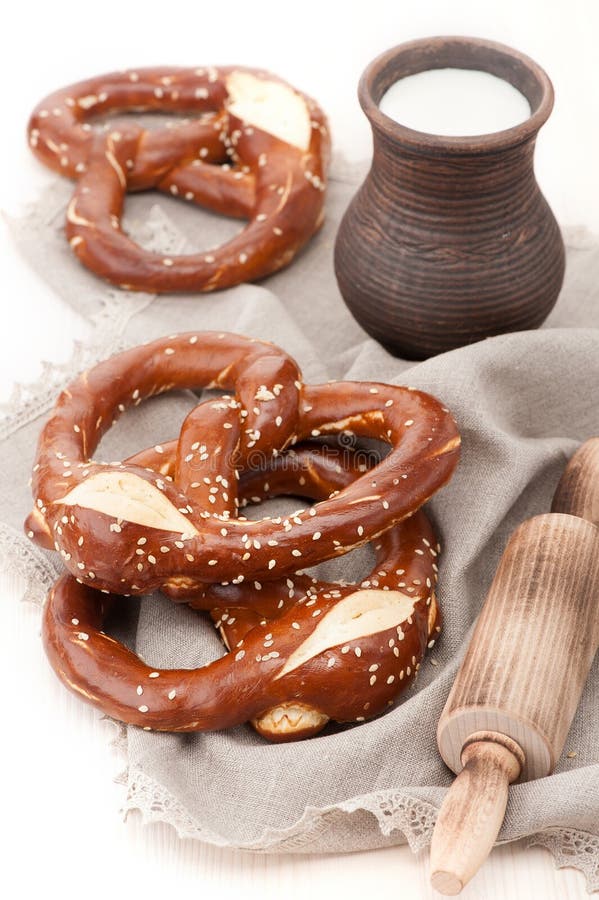 Pretzels with milk stock photo. Image of german, baked 48108206