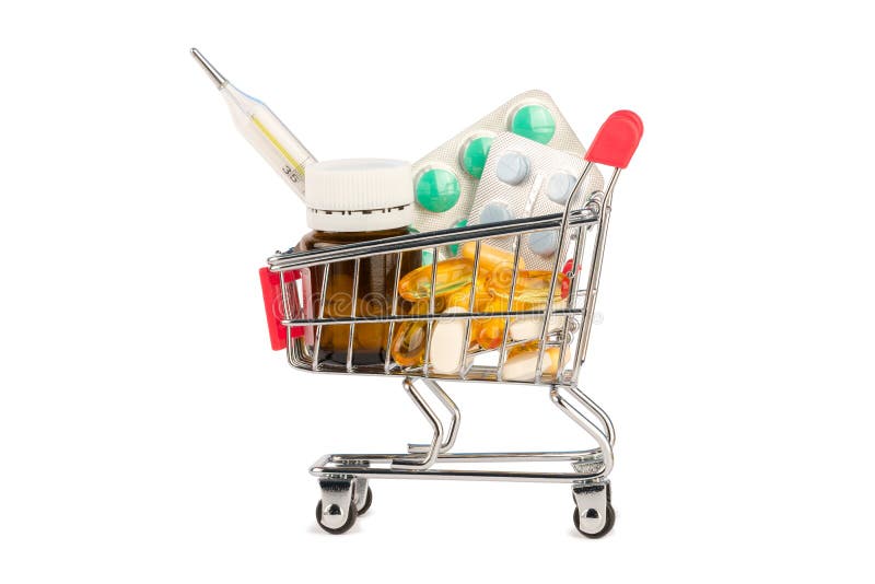 Preventivpillerar i shoppingvagn arkivbilder Preventivpillerar i shoppingvagn arkivbilder