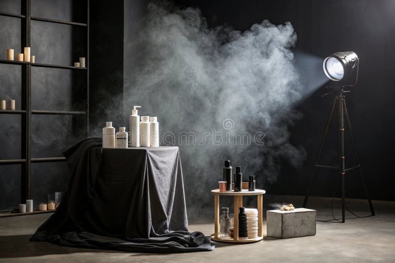 Prezentacja produktów z centrum uwagi w czarnym studio royalty ilustracja