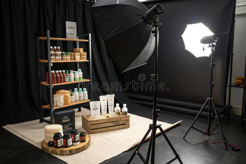 Prezentacja produktów z centrum uwagi w czarnym studio royalty ilustracja