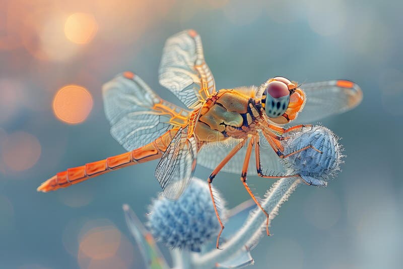 Prezentând o închidere a unei muște dragonfly pe vârful fotografiei sale macrografice aripioare, făcută cu canon eos sau cu realis stock illustration