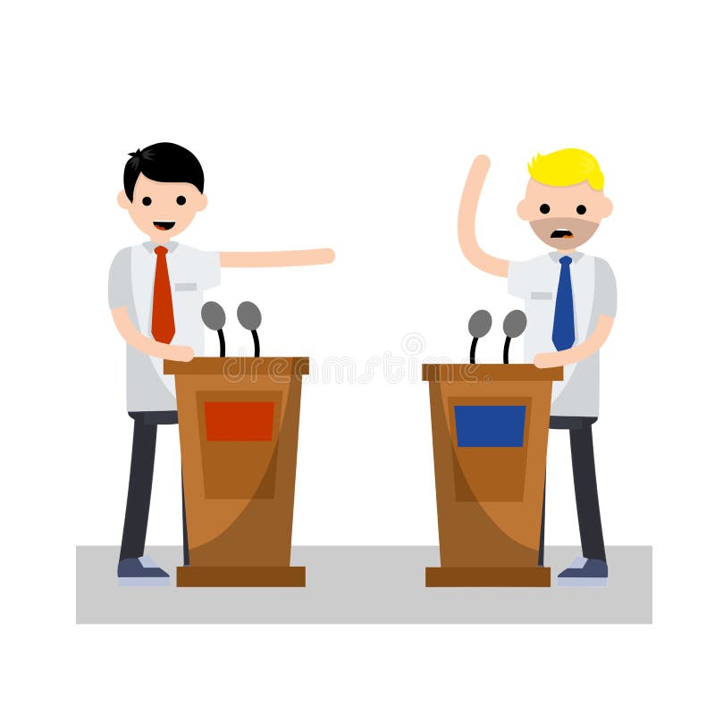 Two men behind the podium talking. Speech of politicians. Dialogue and communication statesman. Lecturers audience with microphones. Red versus blue idea. Two men behind the podium talking. Speech of politicians. Dialogue and communication statesman. Lecturers audience with microphones. Red versus blue idea
