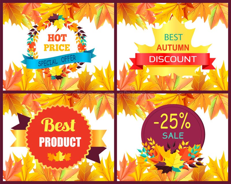 Hot price best autumn discount promotion with colorful labels decorated with golden yellow leaves. Vector illustration with sale propositions. Hot price best autumn discount promotion with colorful labels decorated with golden yellow leaves. Vector illustration with sale propositions