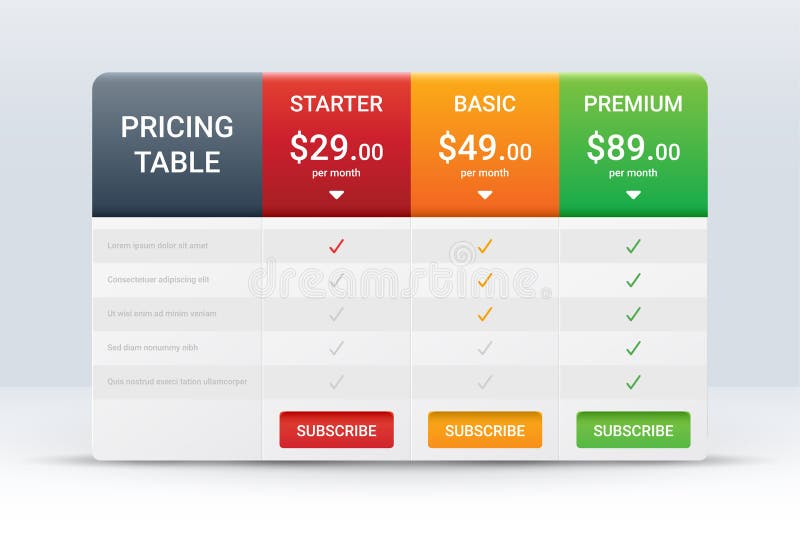 Price comparison table layout template for three products royalty free illustration