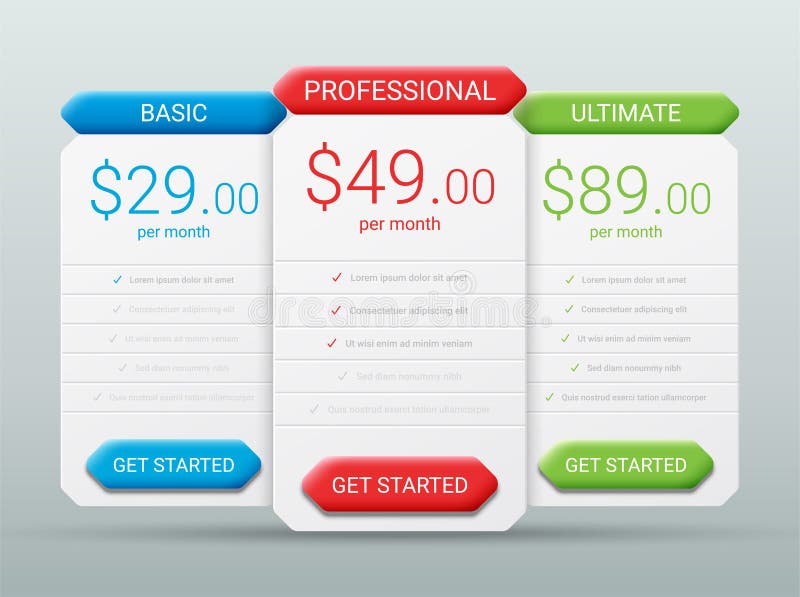Price comparison table layout template for three products royalty free illustration