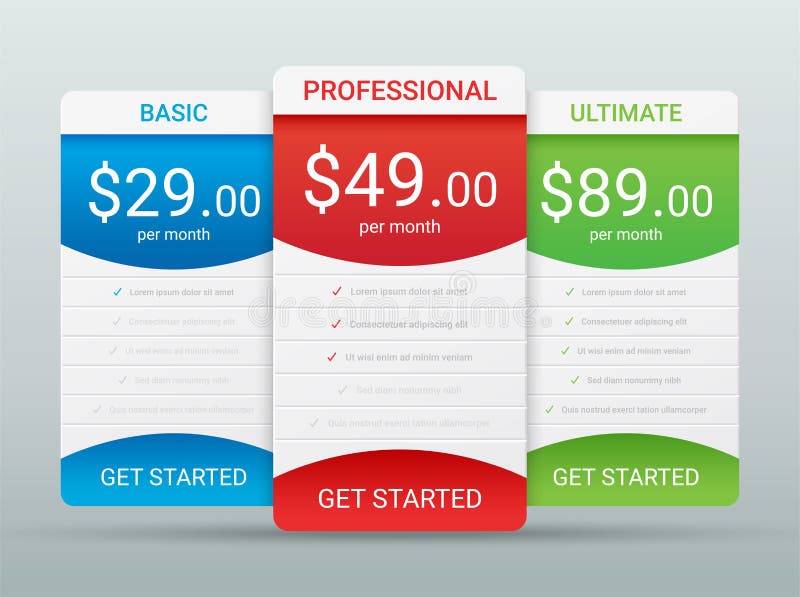 Price comparison table layout template for three products stock illustration