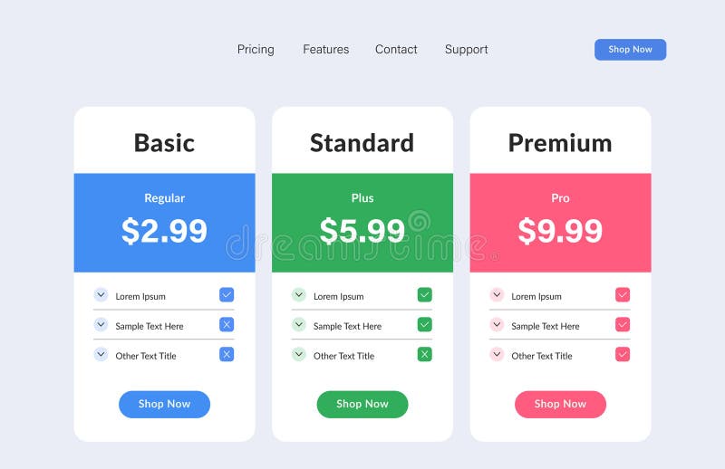 Price comparison table layout template for three products, vector illustration stock illustration
