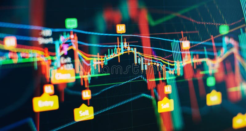 Price graph and indicator, red and green candlestick chart on blue theme screen, market volatility, up and down trend. Stock