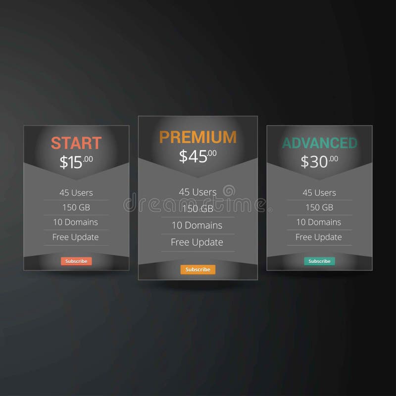 Price list, hosting plans and web boxes banners design. three ta stock illustration