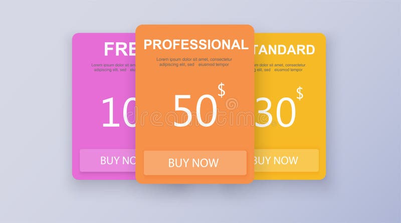 Price list, hosting plans and web boxes banners design. three tariffs. interface for the site. ui ux vector banner for royalty free illustration
