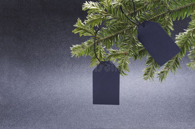 Price and sale tags on the fir tree against black background.Empty space for text royalty free stock images Price and sale tags on the fir tree against black background.Empty space for text royalty free stock images