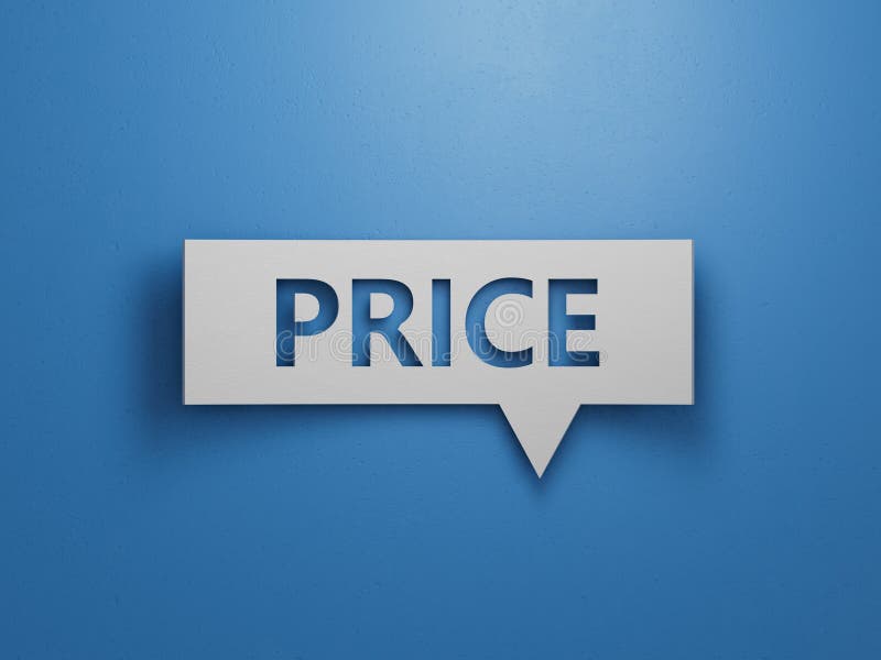 Price - Speech Bubble. Minimalist Abstract Design. White Cut Out Paper on Blue Background stock illustration