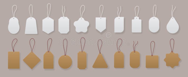 Price tags. Realistic blank and craft labels for gift cards, luggage and shop discounts. Vector paper isolated square