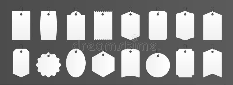 Price tags. Realistic square and round gift box labels, white blank luggage sticker mockup. Vector paper product label